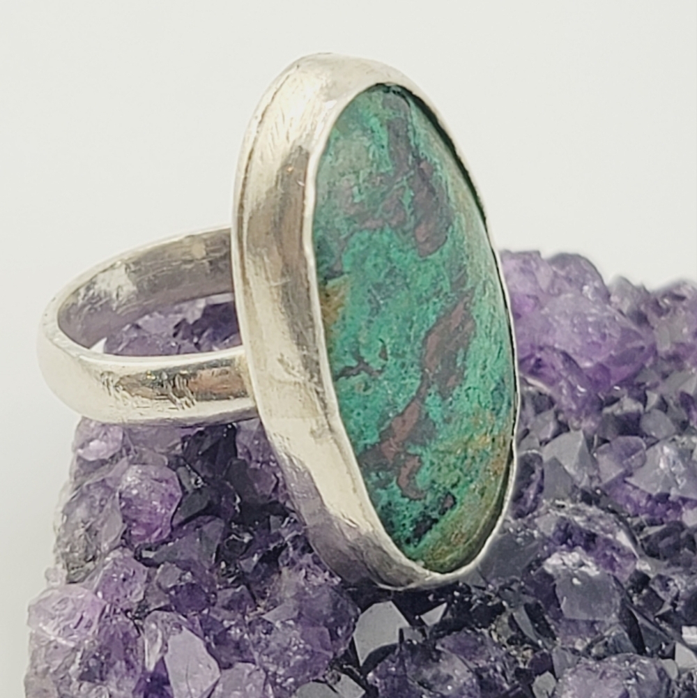 CHRYSOCOLLA OVAL SHAPE RING HANDMADE IN STERLING SILVER METAL  SZ 7